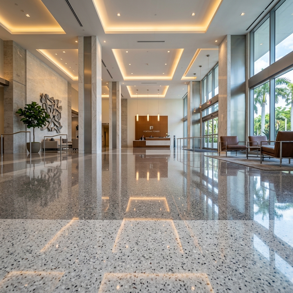 Mirror-polished terrazzo lobby floor restored by Livane Renovation Group, South Florida