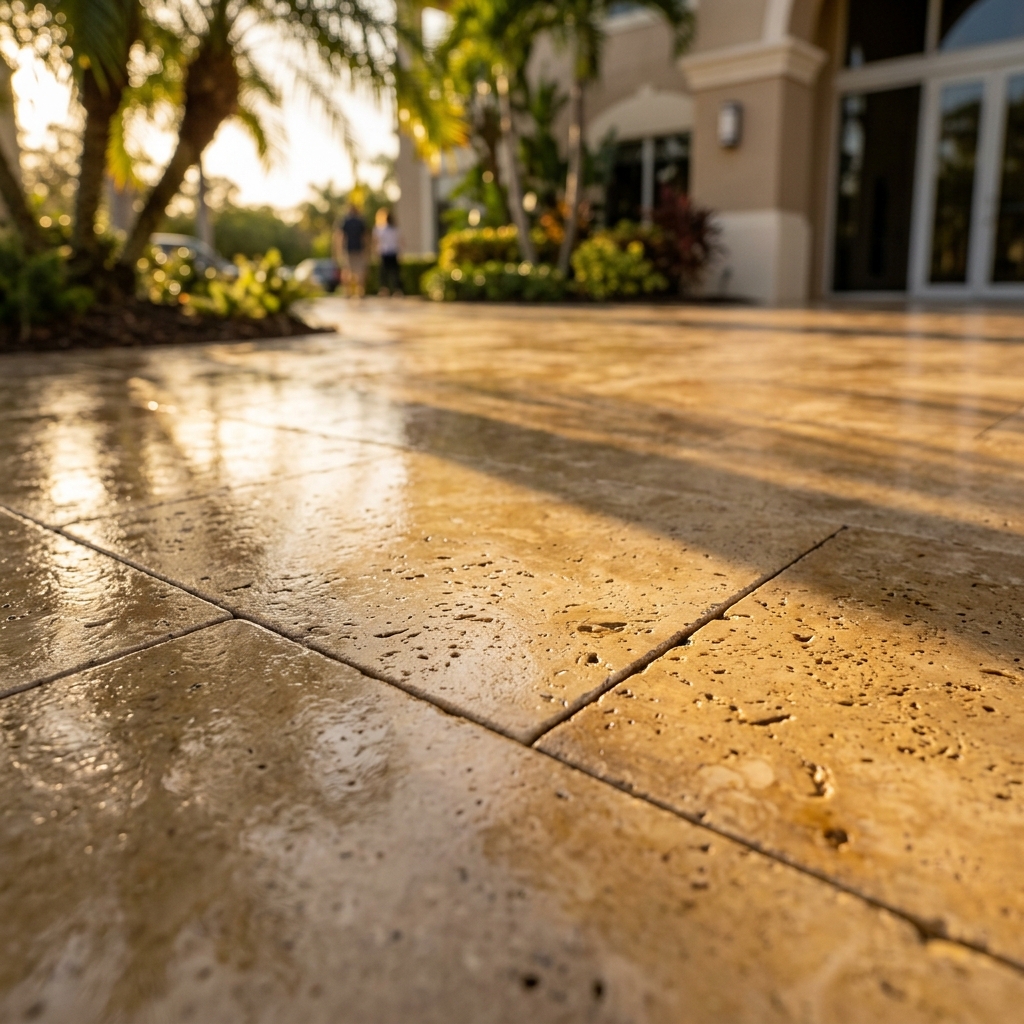 Freshly sealed travertine pavers at a South Florida commercial property entrance, Livane Renovation Group