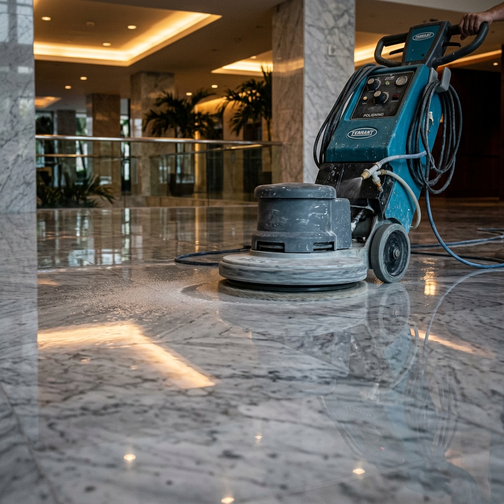 Professional floor polishing machine in action on a marble lobby, Livane Renovation Group