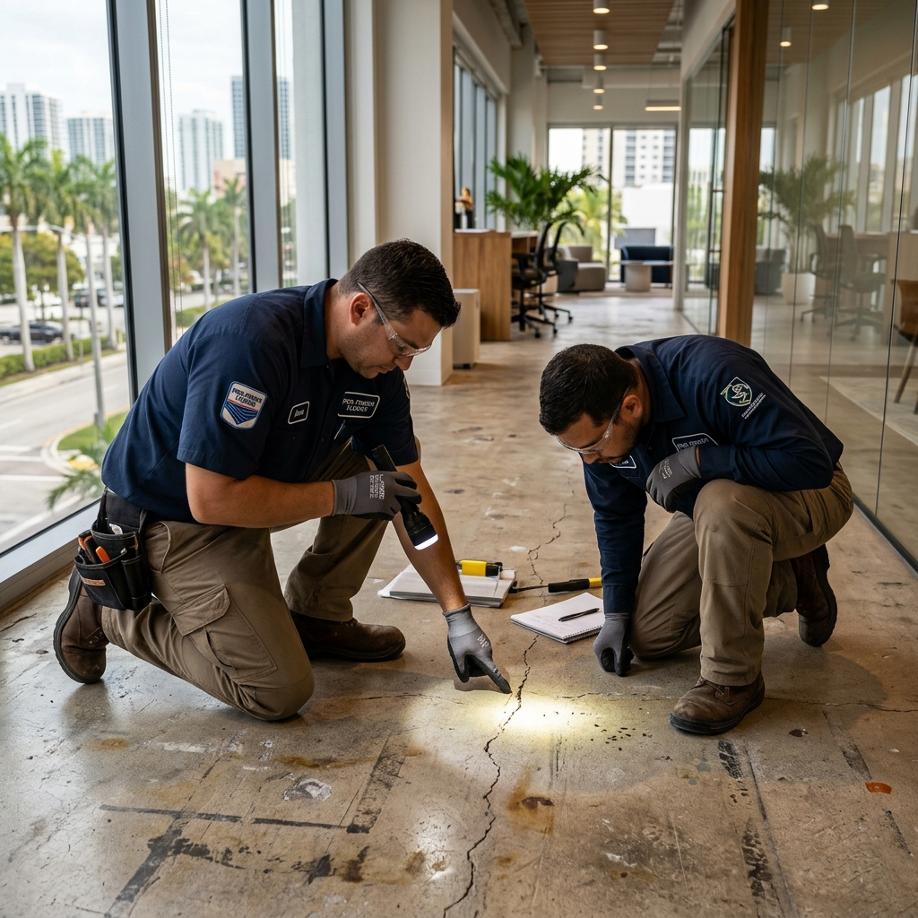 Livane Renovation Group crew doing pre-work floor condition assessment, South Florida