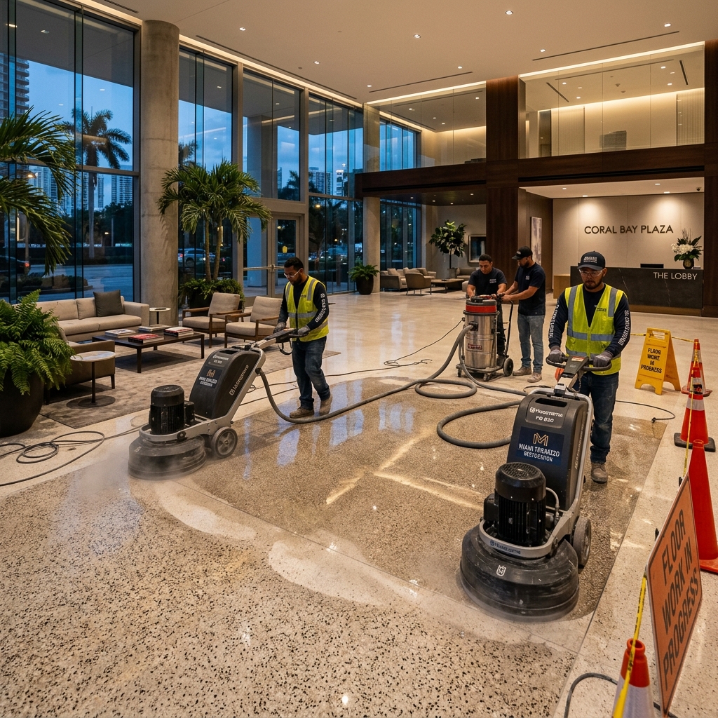 Commercial floor renovation team polishing terrazzo in a Miami office lobby