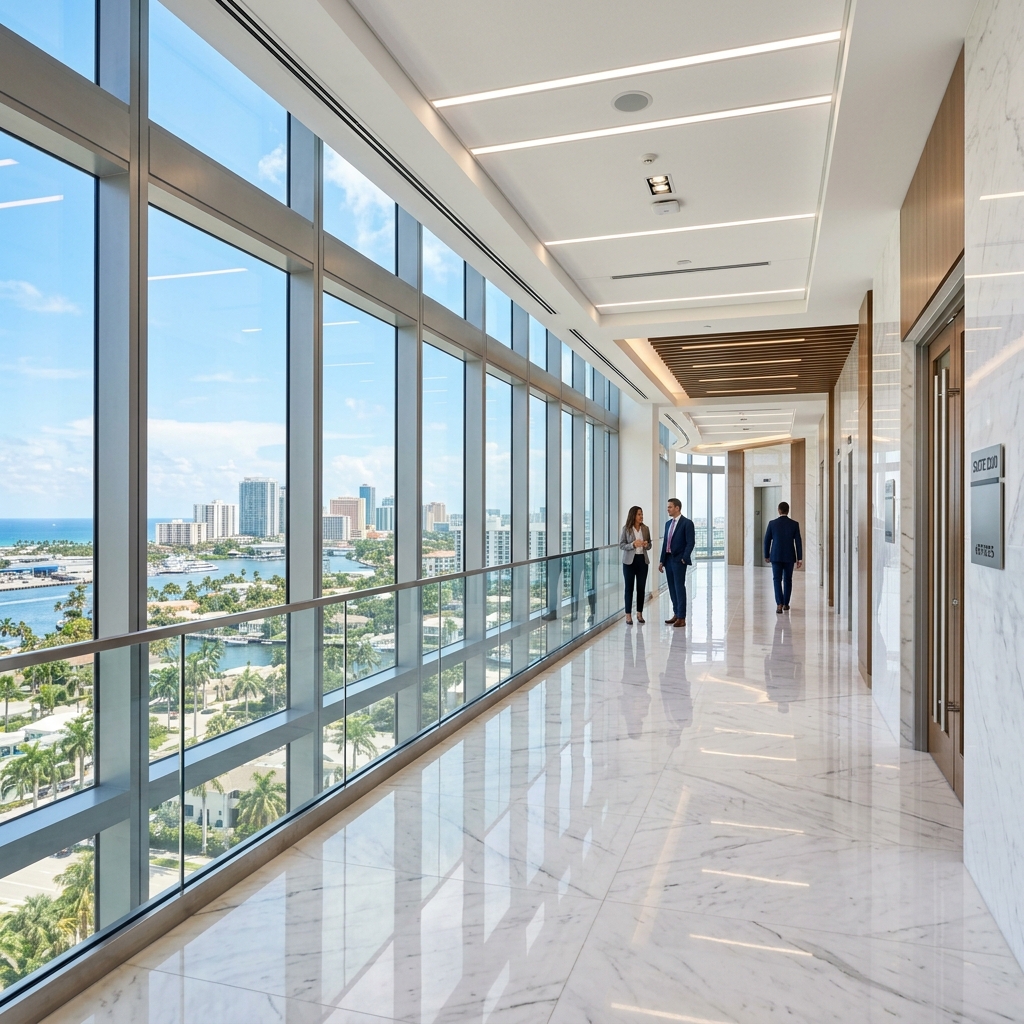 Restored marble corridor in a South Florida commercial high-rise building