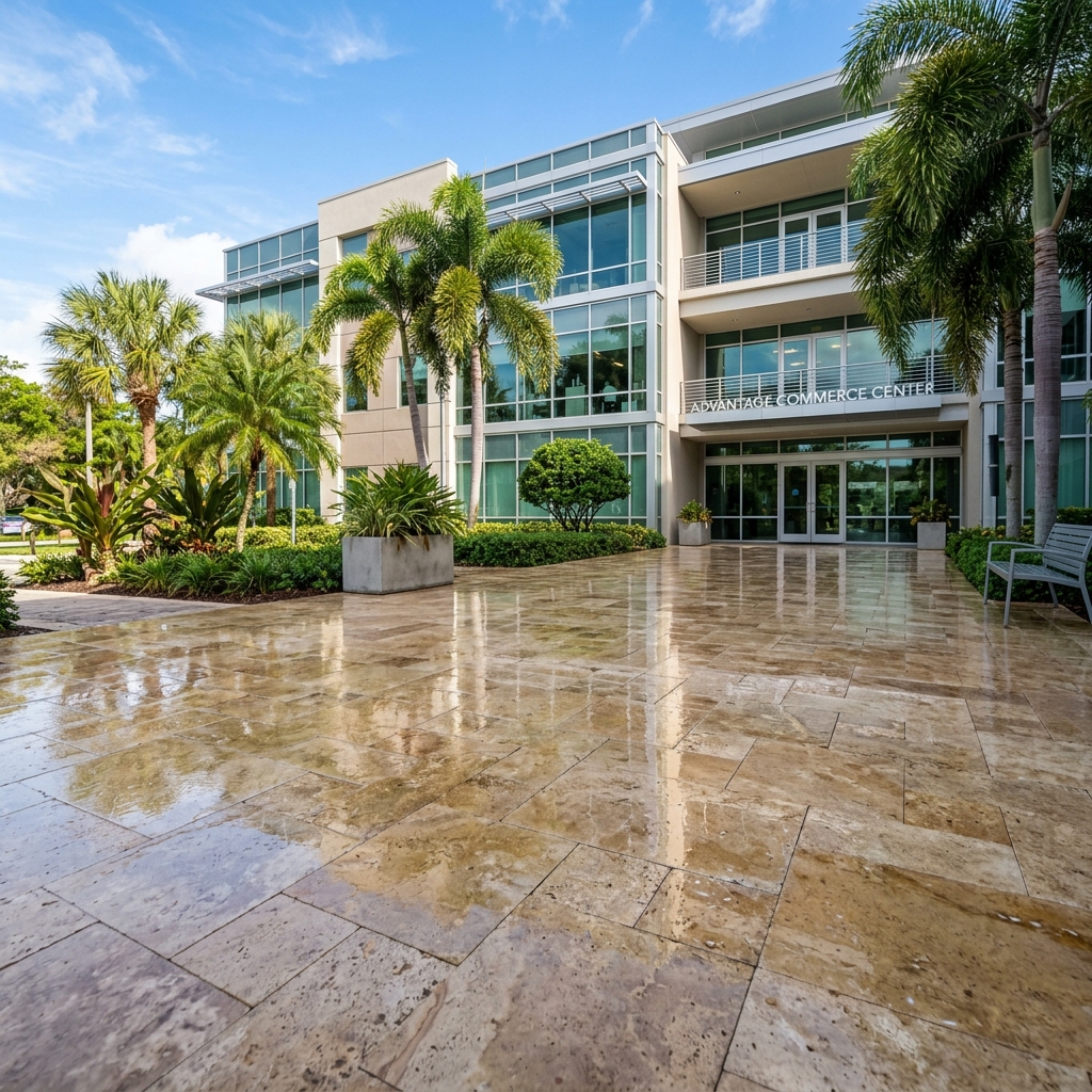 Professionally sealed travertine paver courtyard at a commercial property in Miami, South Florida