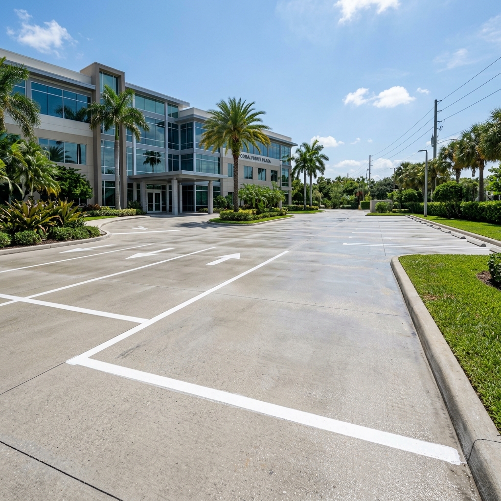 Commercial parking lot pressure washed, South Florida office park
