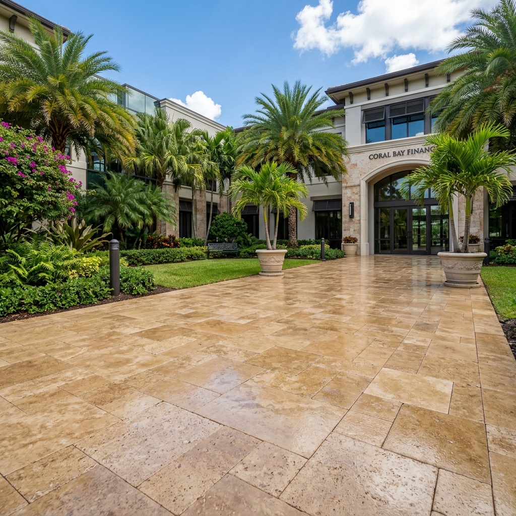 Freshly sealed travertine paver courtyard at South Florida commercial property