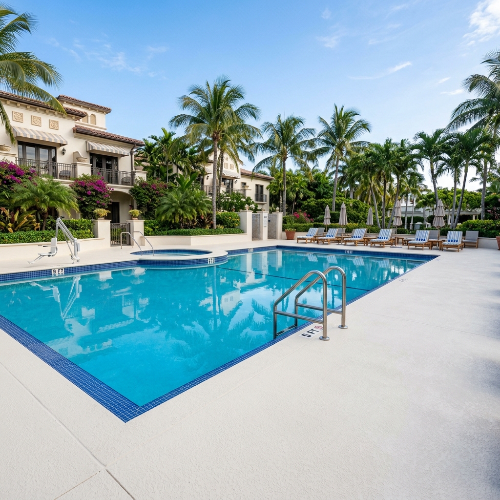 Commercial pool deck restored and sealed, South Florida luxury property