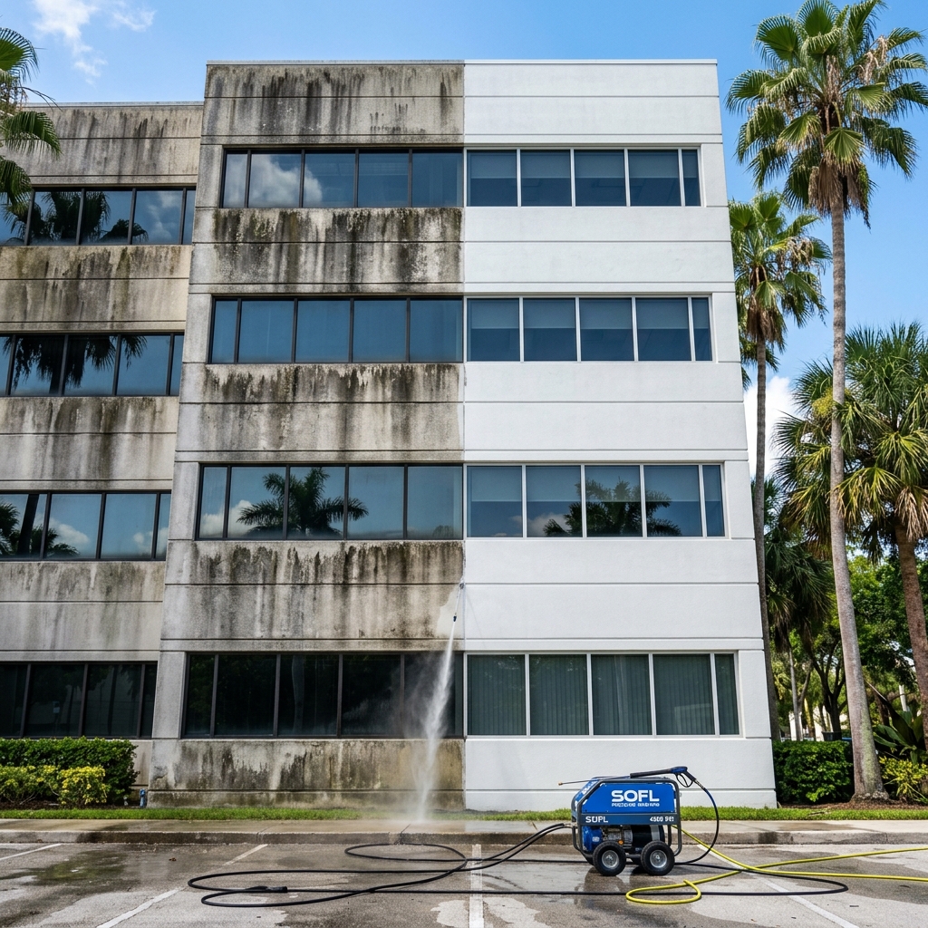 Commercial office building exterior pressure washed in South Florida