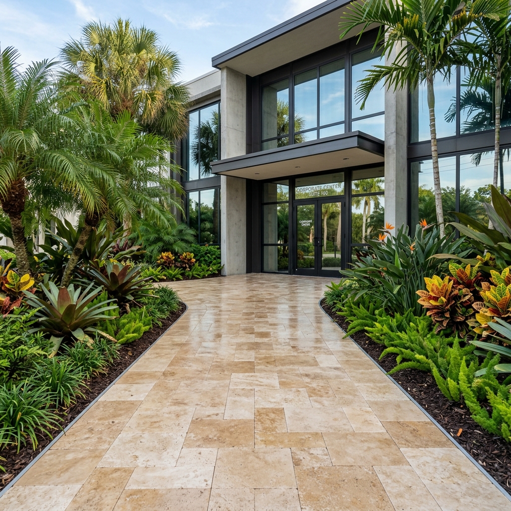 Sealed travertine entrance walkway, South Florida corporate center