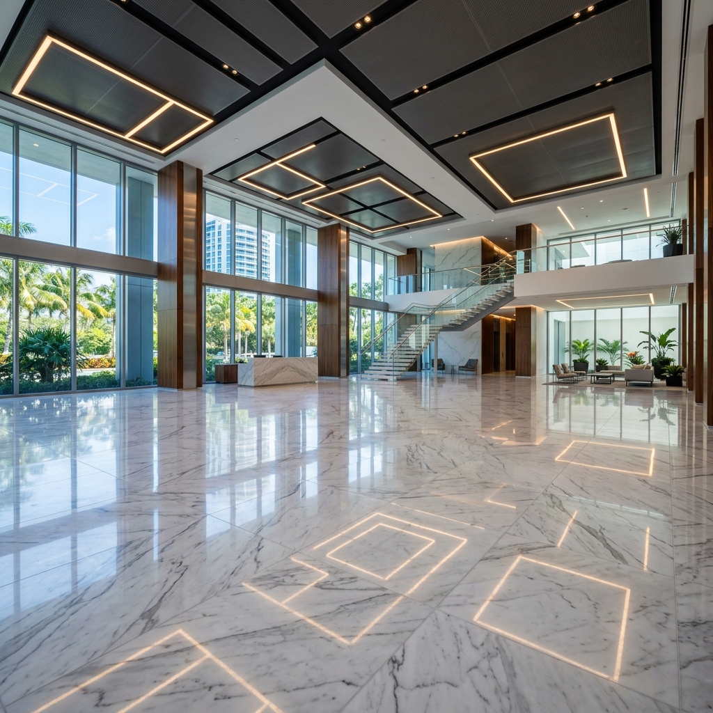 Polished marble floor in a Fort Lauderdale commercial building lobby
