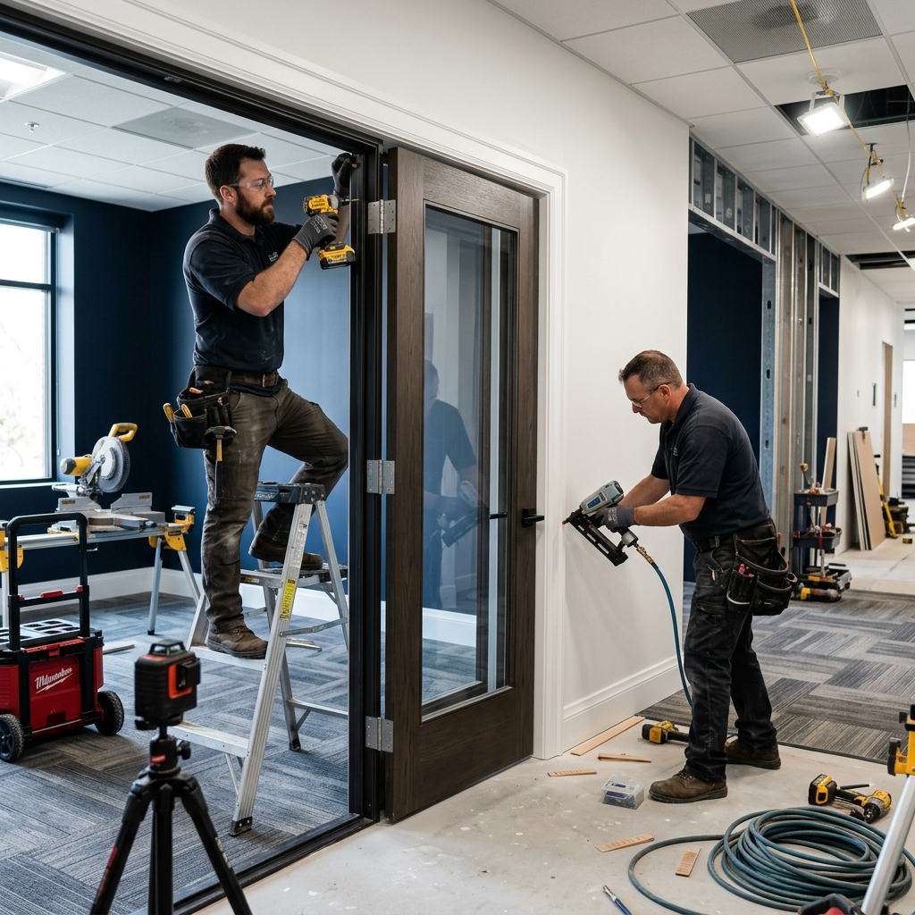 Commercial renovation in progress — interior door installation in South Florida office