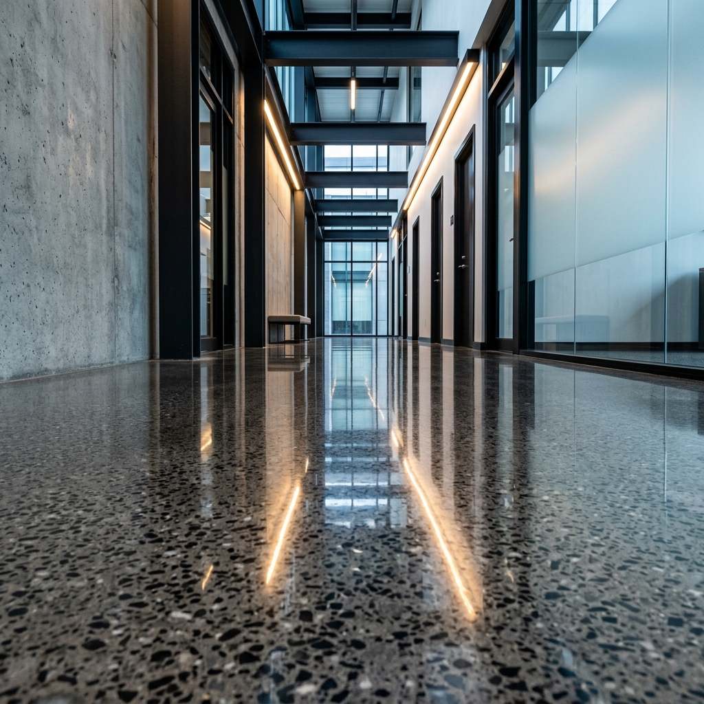 High-gloss polished concrete floor in a modern Miami commercial office