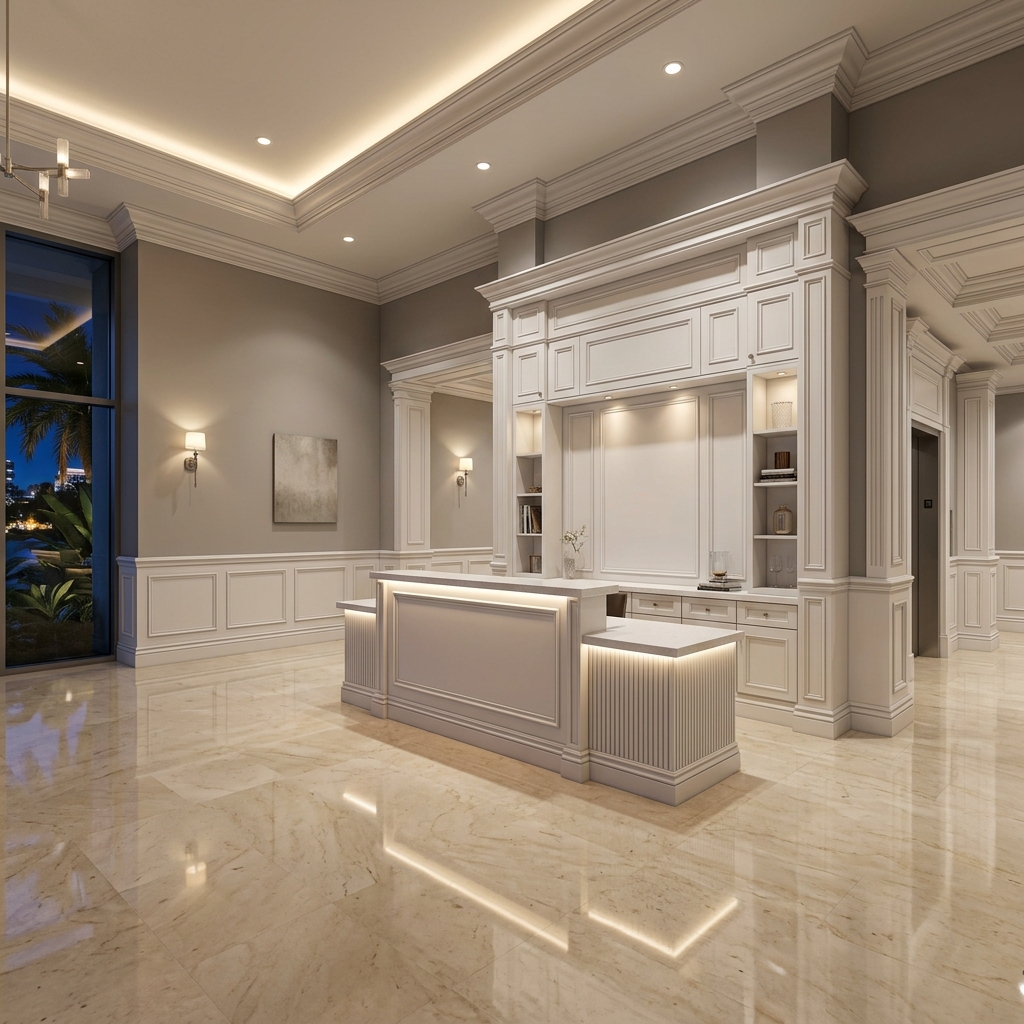 Custom millwork and trim installation in South Florida commercial lobby