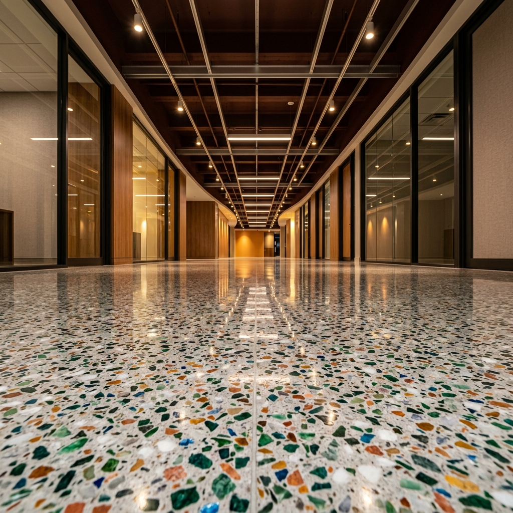 Terrazzo floor restoration in progress at a South Florida commercial property